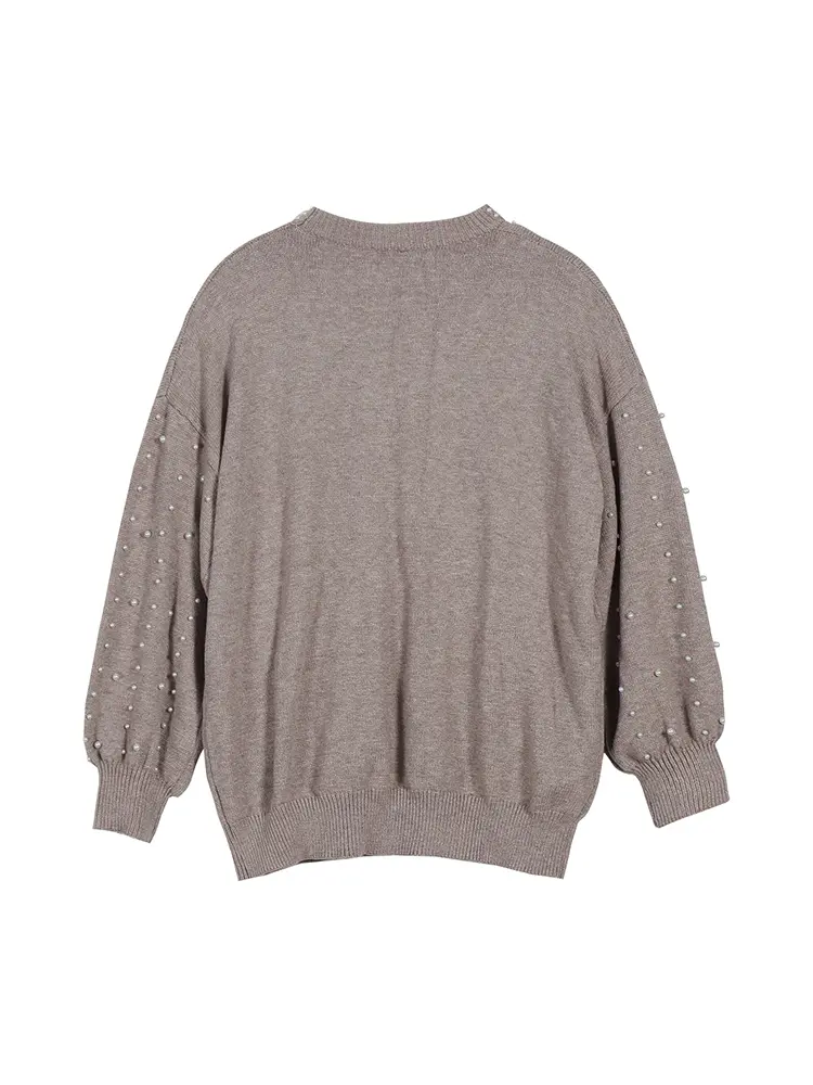 plus Size Smokey Grey Pearl Dropped Shoulder Crew Neck Sweater for Women Autumn Winter Best Choice Comfortable Fit Sweater