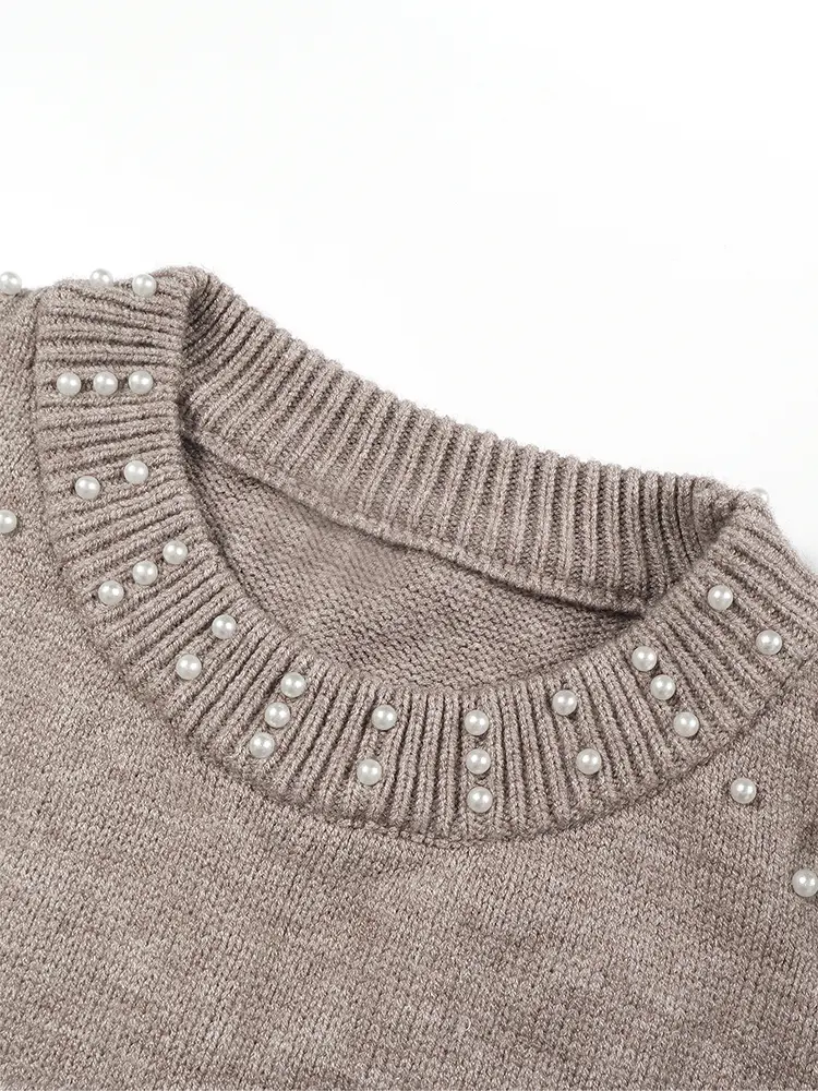 plus Size Smokey Grey Pearl Dropped Shoulder Crew Neck Sweater for Women Autumn Winter Best Choice Comfortable Fit Sweater