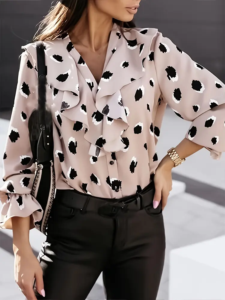 Spring Summer New Ladies Long Sleeve V Neck Ruffle Shirt Loose Vintage Women's Streetwear Vintage Women Shirt