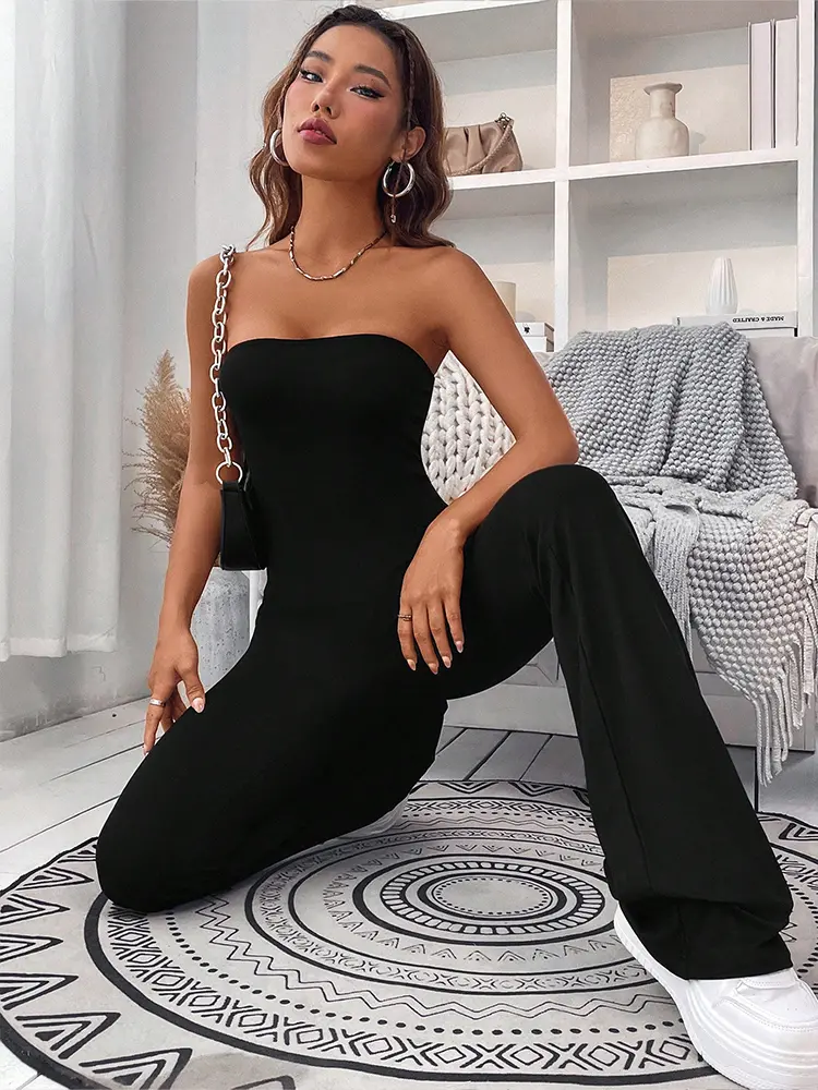2024 Summer New Women's Drawstring Waist Jumpsuit Pants Leisure Lift Buttocks Slim Micro-Flare Jumpsuit Pants