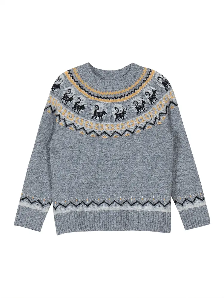 Plus Size Women's Retro Pattern Long Sleeve Sweater Round Neck Pullover Grey Best Choice for Autumn and Winter