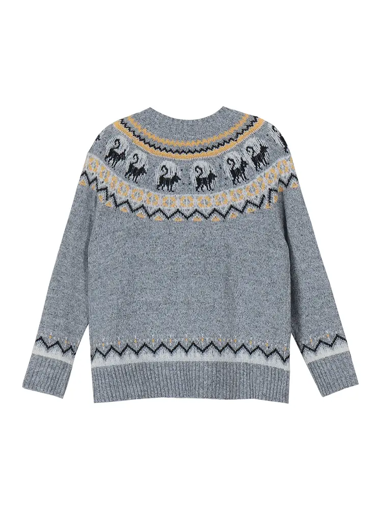 Plus Size Women's Retro Pattern Long Sleeve Sweater Round Neck Pullover Grey Best Choice for Autumn and Winter