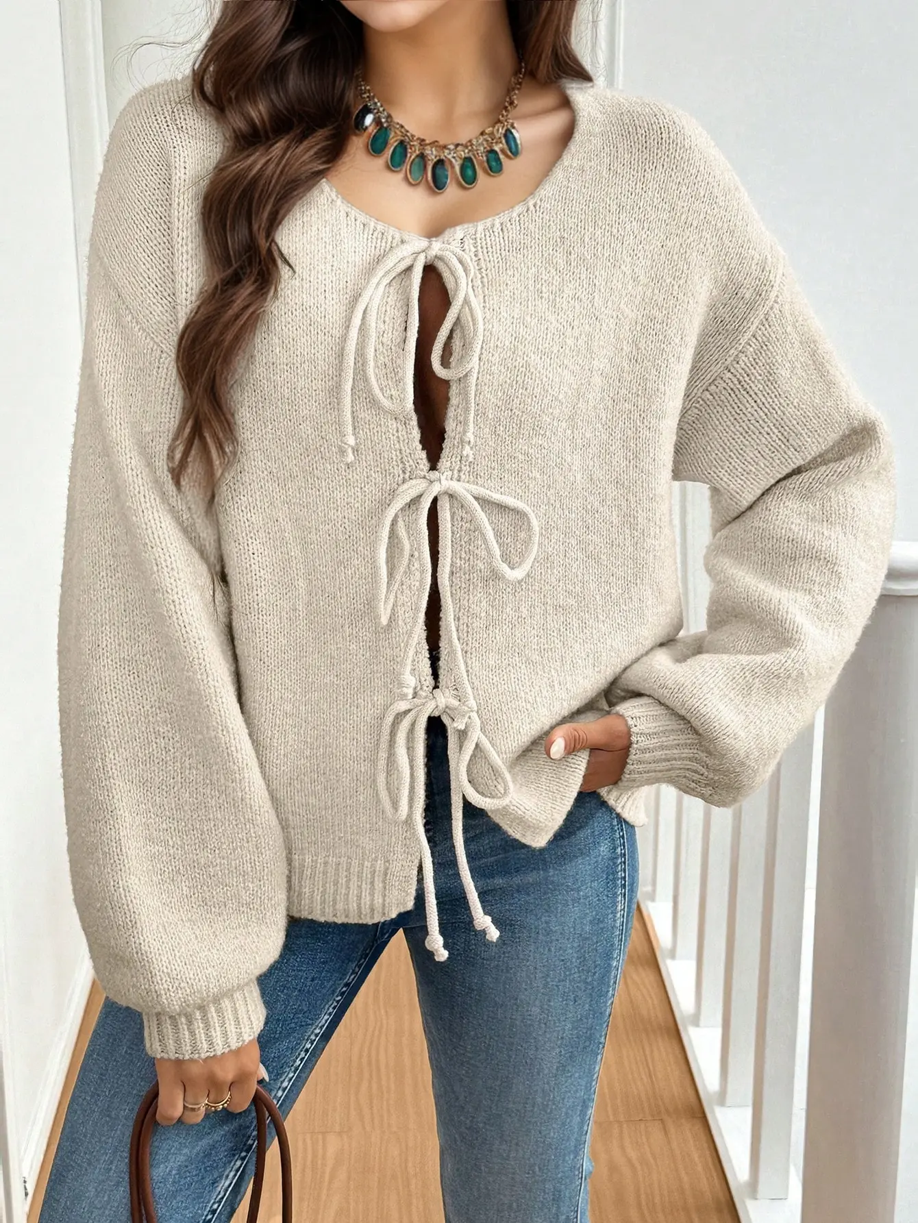 Women's commuter casual loose solid-coloured jumper V-neck autumn and winter cardigan with 2025 autumn and winter new