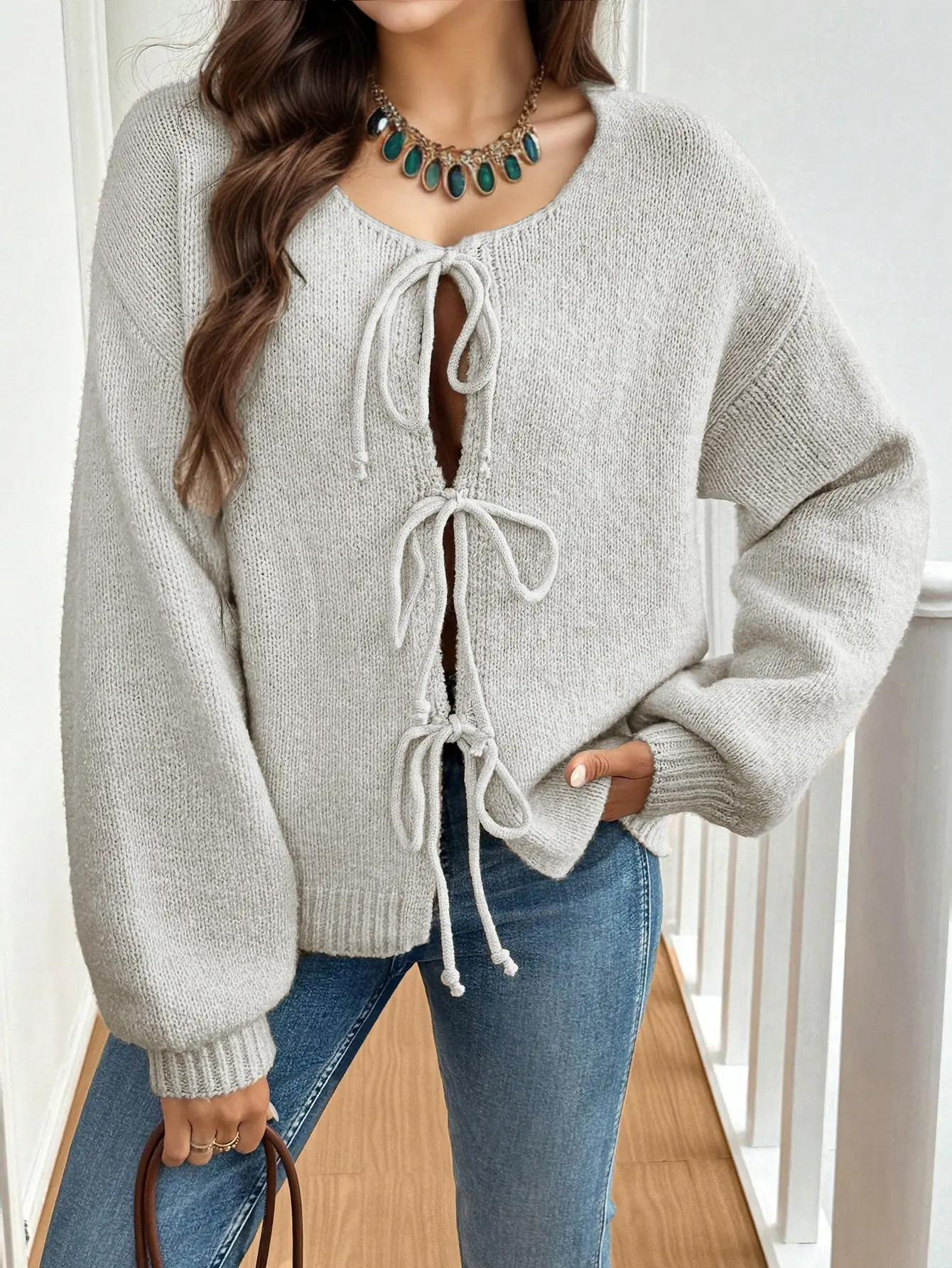 Women's commuter casual loose solid-coloured jumper V-neck autumn and winter cardigan with 2025 autumn and winter new
