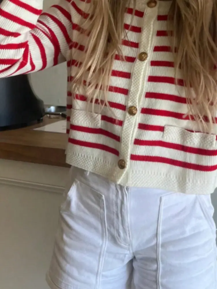 Fashion temperament Stripes Color Crash Simple Versatile Metal Button Round Collar Sweater Cardigan Jacket Women