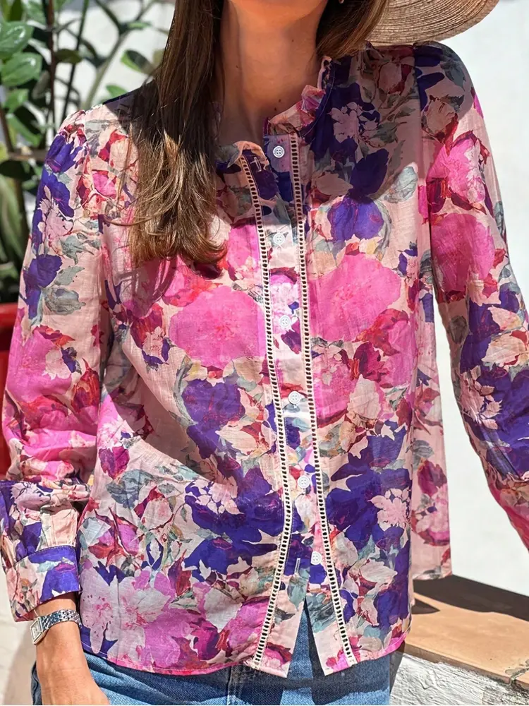 2025 Autumn New Women's Elegant Fashion Holiday Floral Printed Flower Wooden Ear Edge Design Long Sleeve Loose Shirt