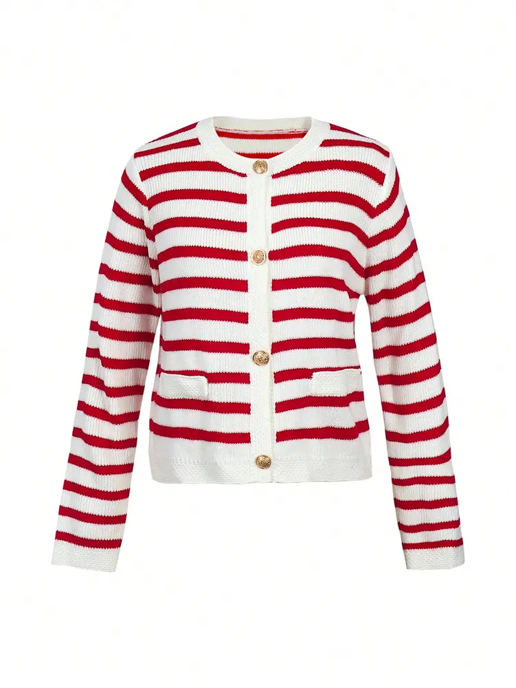 Fashion temperament Stripes Color Crash Simple Versatile Metal Button Round Collar Sweater Cardigan Jacket Women