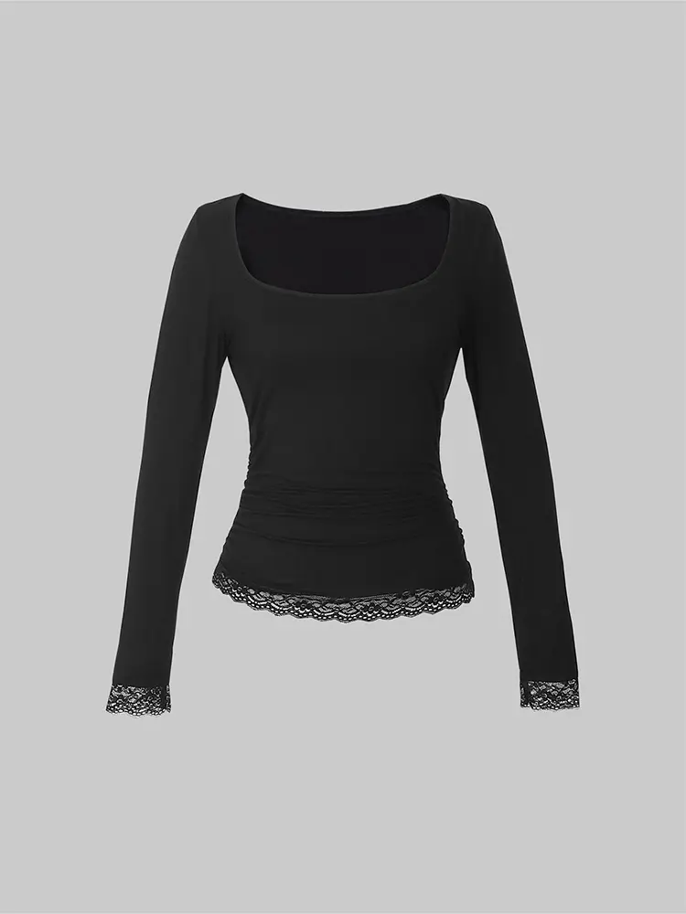 2025 Autumn European and American Women's Square Neck Long Sleeve Hem Lace Splicing Show Casual T-Shirt Top Women
