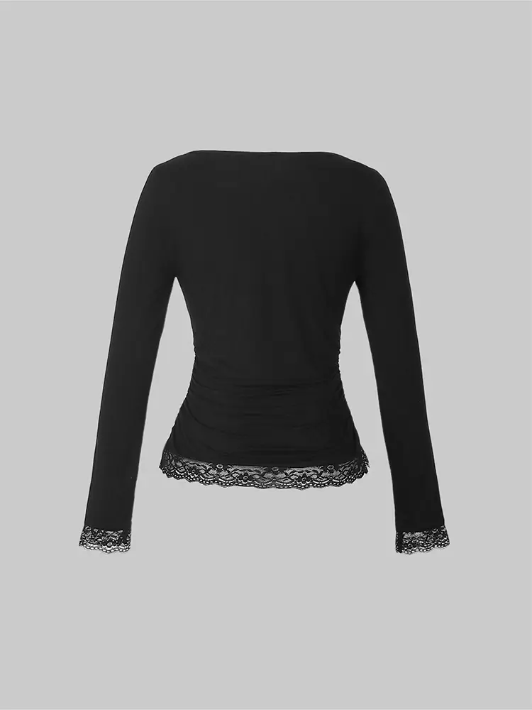 2025 Autumn European and American Women's Square Neck Long Sleeve Hem Lace Splicing Show Casual T-Shirt Top Women