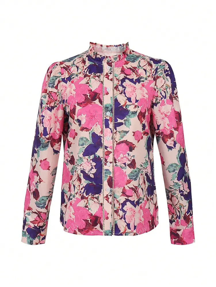 2025 Autumn New Women's Elegant Fashion Holiday Floral Printed Flower Wooden Ear Edge Design Long Sleeve Loose Shirt