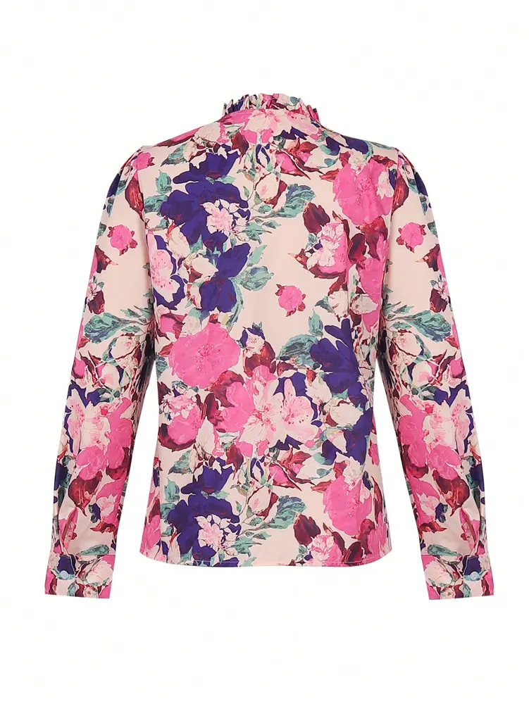 2025 Autumn New Women's Elegant Fashion Holiday Floral Printed Flower Wooden Ear Edge Design Long Sleeve Loose Shirt