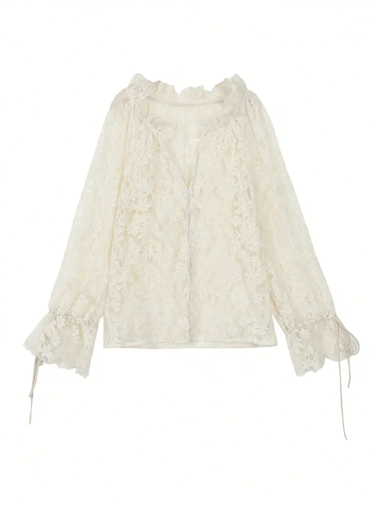 2025 Autumn New Women's Elegant Fashion Semi-sheer Embroidered Lace Flower Top Holiday Daily Travel Wear