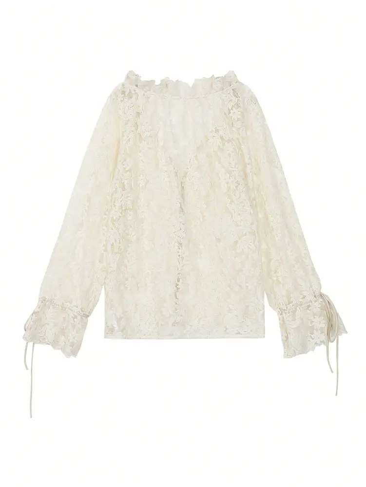 2025 Autumn New Women's Elegant Fashion Semi-sheer Embroidered Lace Flower Top Holiday Daily Travel Wear