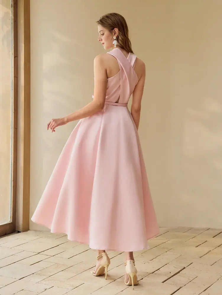 Women's Satin Hanging Neck Sleeveless Dress Bohemian Style Elegant Evening Gown Pure Colour Waistband Design