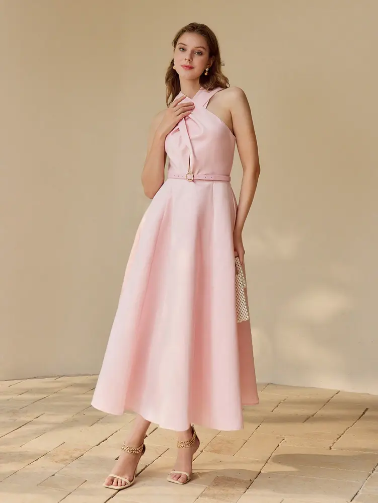 Women's Satin Hanging Neck Sleeveless Dress Bohemian Style Elegant Evening Gown Pure Colour Waistband Design