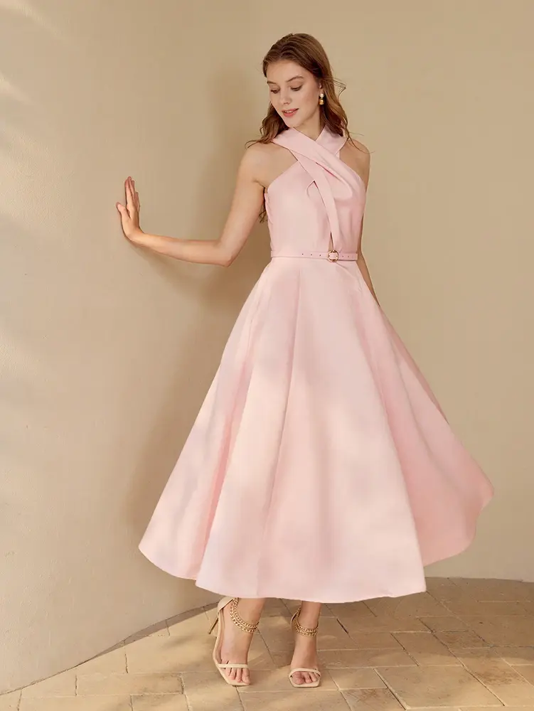 Women's Satin Hanging Neck Sleeveless Dress Bohemian Style Elegant Evening Gown Pure Colour Waistband Design