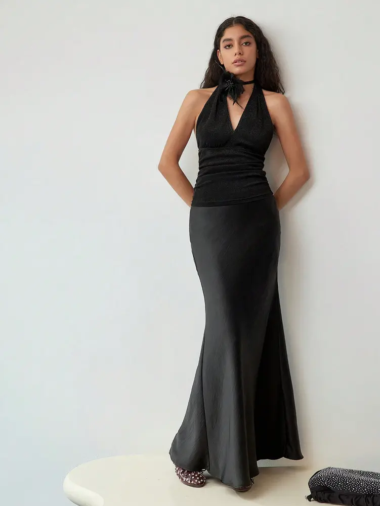 Ladies Solid Colour Elastic Waist Half-body Skirt Package Hip Side Zipper Loose Hem Decorative Buckle Temperament Elegant