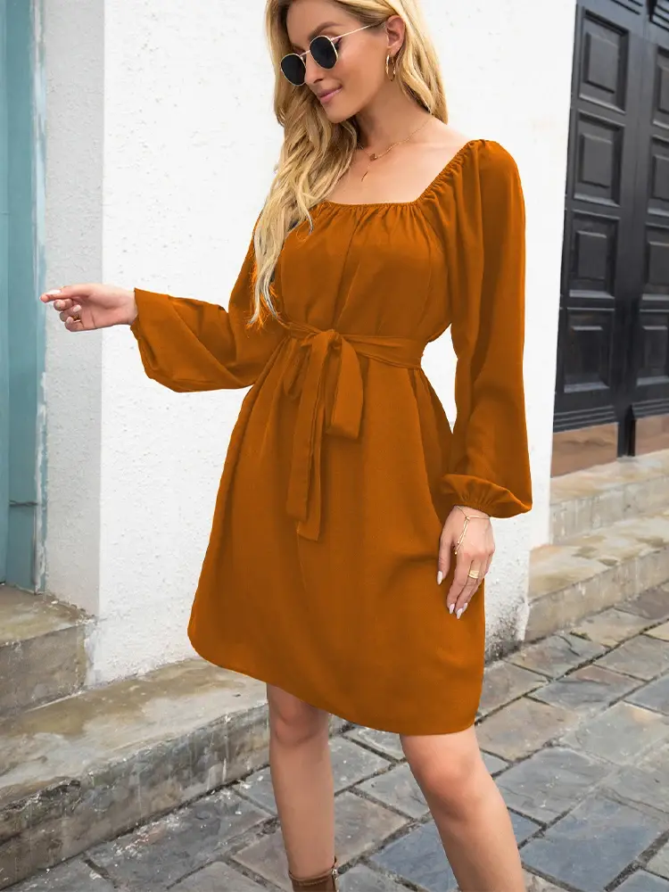 Spring Summer 2025 Women's Lantern Sleeve Lacing Square Neck Casual Dress Elegant Solid Color Long Sleeve Women's Fashion