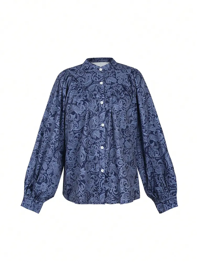 2025 Autumn New Women's Elegant Fashion Printed Blouse Top Casual Lantern Sleeve Button Deep V-Neck Daily Travel