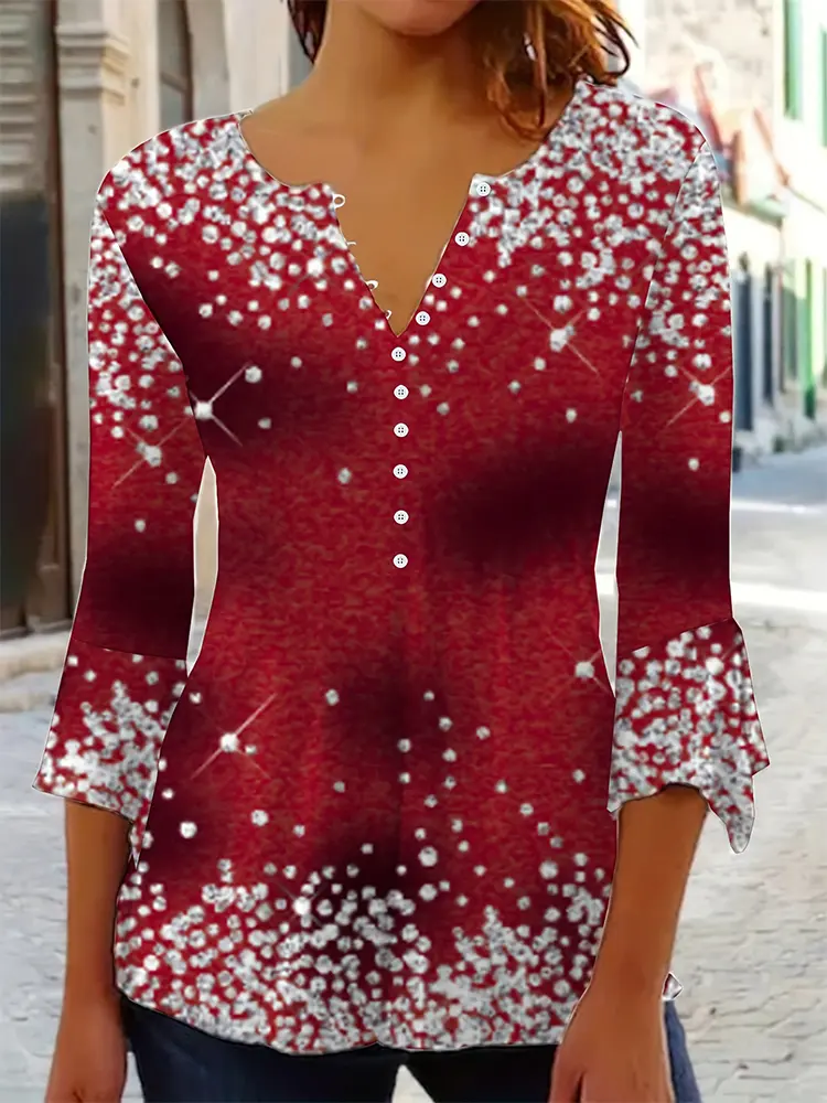 Plus Size Casual Top, Women's Plus Floral Print Flared Sleeve V-Neck Henley Top Polka Dot Button T-Shirt