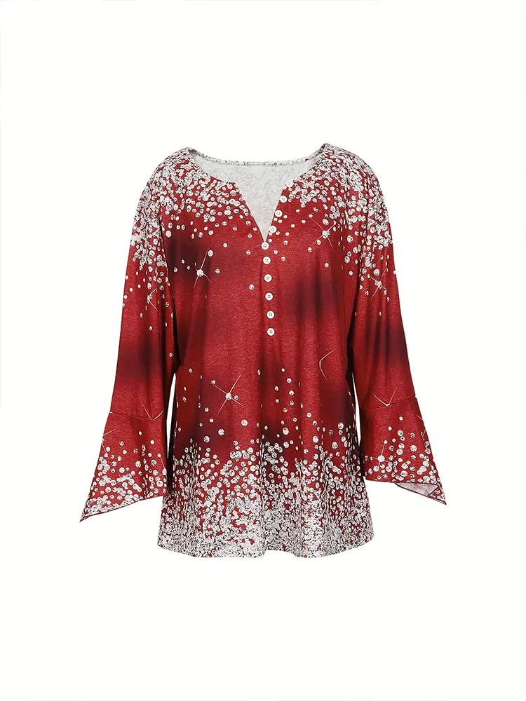 Plus Size Casual Top, Women's Plus Floral Print Flared Sleeve V-Neck Henley Top Polka Dot Button T-Shirt
