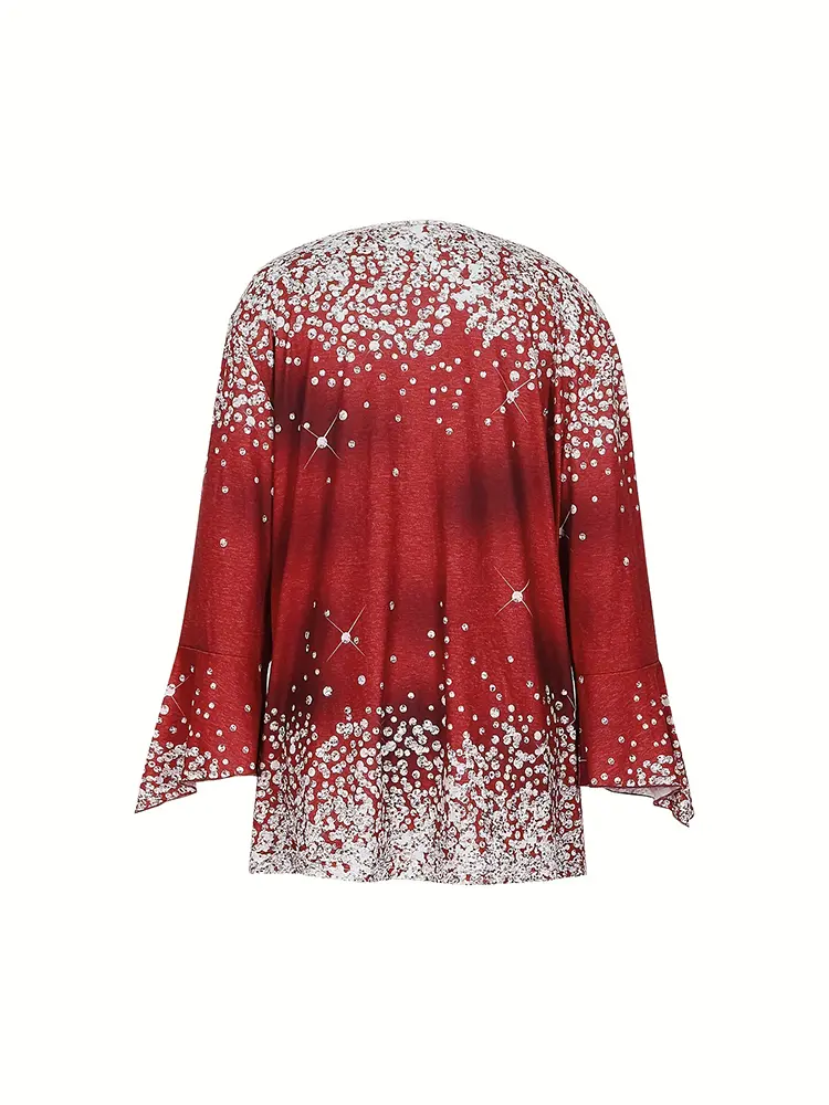 Plus Size Casual Top, Women's Plus Floral Print Flared Sleeve V-Neck Henley Top Polka Dot Button T-Shirt