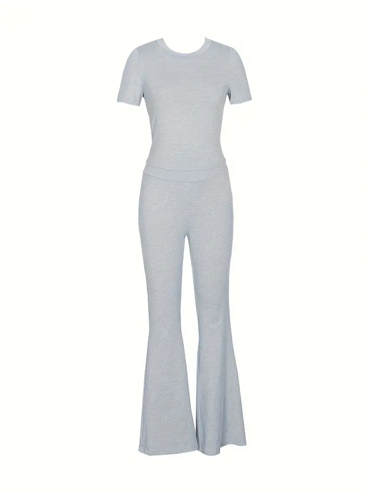 Women's Casual Solid Color Leisure Suit Short Sleeve round Neck Slim Tunic Top with Pleated Trousers Loungewear Pajamas Set