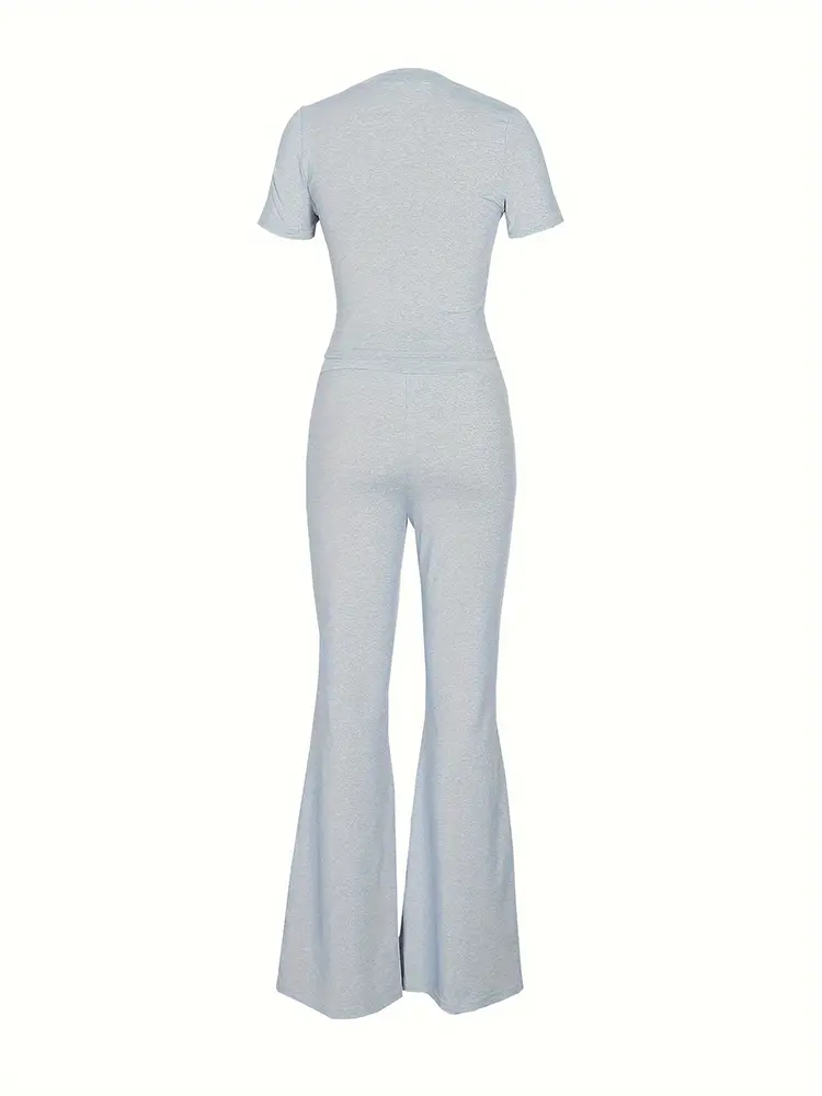 Women's Casual Solid Color Leisure Suit Short Sleeve round Neck Slim Tunic Top with Pleated Trousers Loungewear Pajamas Set