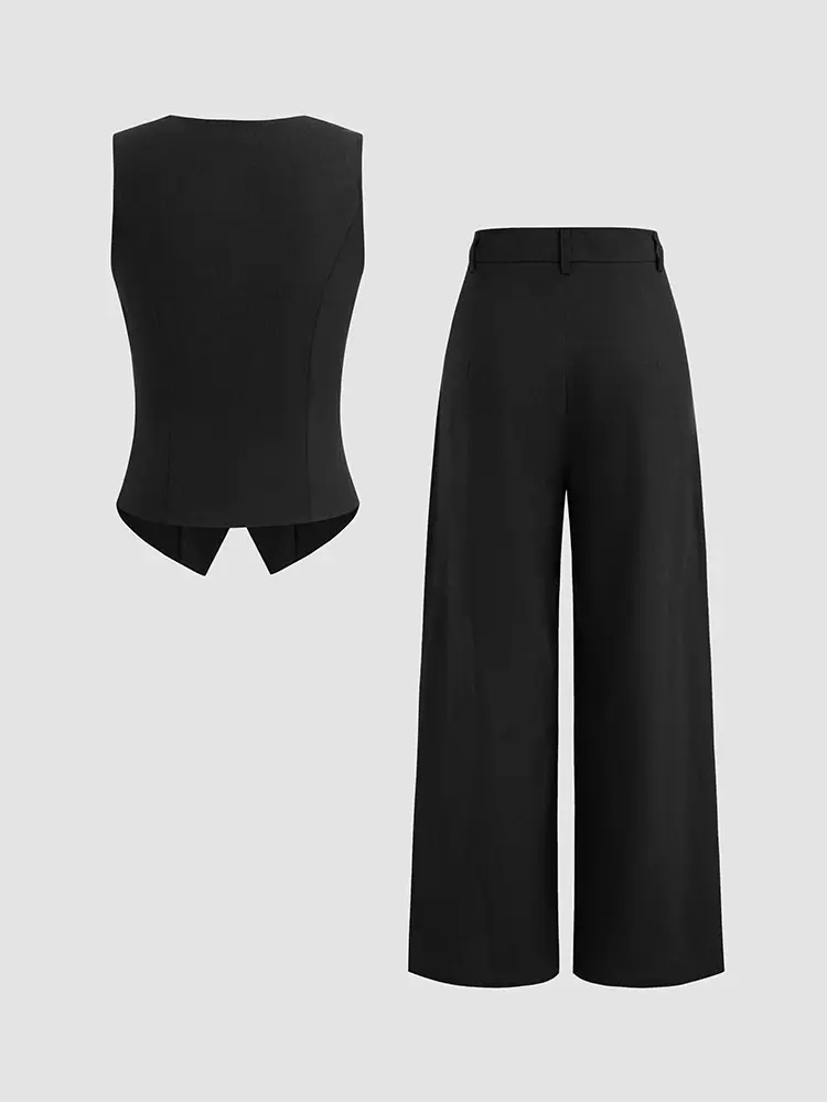 Women's V-Neck Solid Colour Button Vest and Mid-High Waist Pocket Wide Leg Pants Single Row Button Sleeveless Top Pants Set