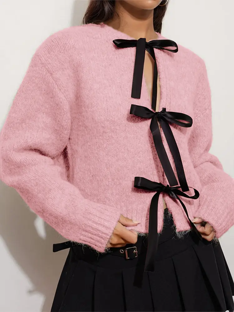 Women's Solid Color Knitwear Cardigan Bandage Sweater Fashion Street Style Autumn Winter 2024 Best Choice