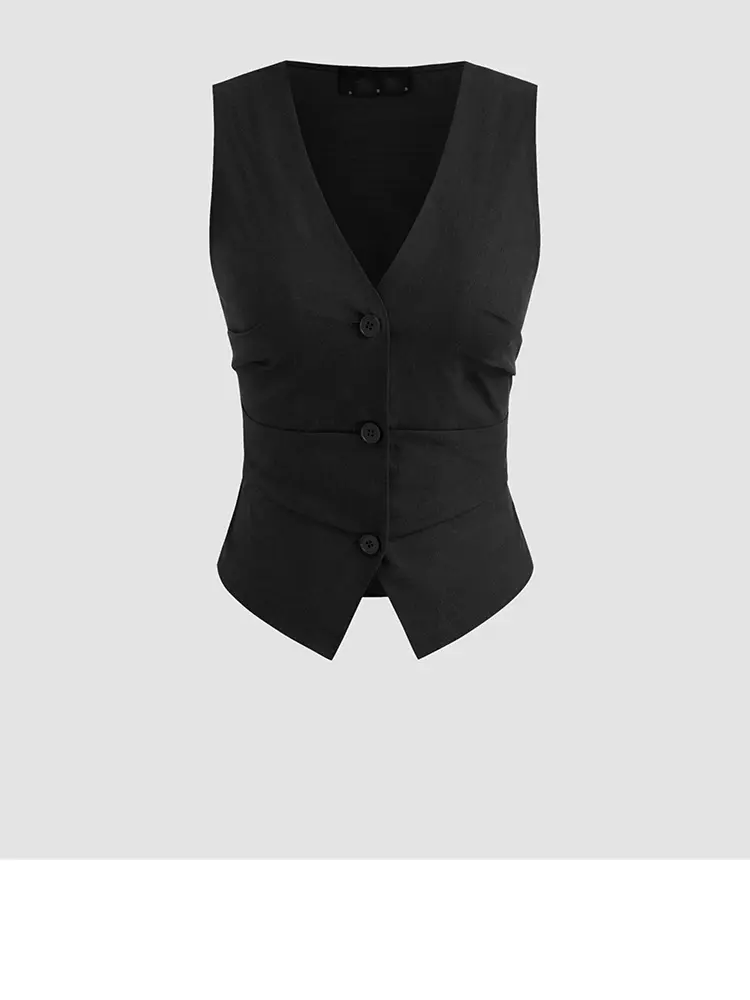 Women's V-Neck Solid Colour Button Vest and Mid-High Waist Pocket Wide Leg Pants Single Row Button Sleeveless Top Pants Set