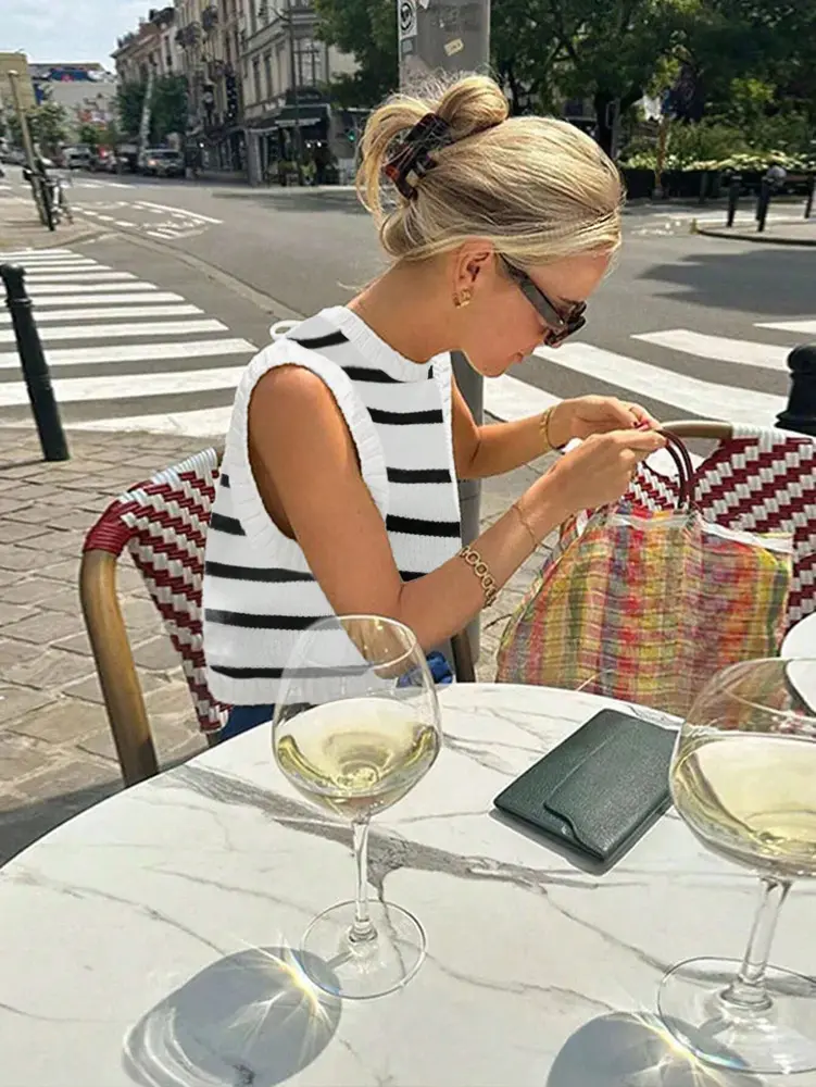 2025 Summer New Women's Hundred Stripes Temperament Sweater Vest Casual Split Bowknot Short Tops Polyester