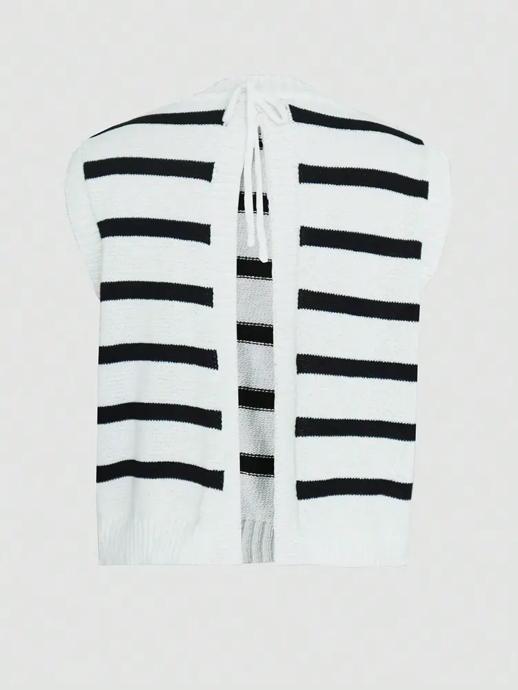 2025 Summer New Women's Hundred Stripes Temperament Sweater Vest Casual Split Bowknot Short Tops Polyester