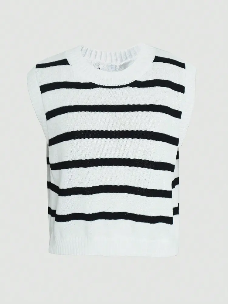 2025 Summer New Women's Hundred Stripes Temperament Sweater Vest Casual Split Bowknot Short Tops Polyester
