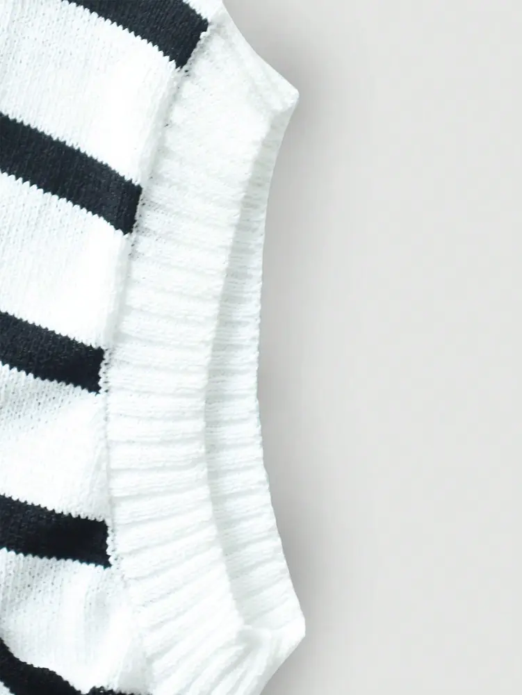 2025 Summer New Women's Hundred Stripes Temperament Sweater Vest Casual Split Bowknot Short Tops Polyester