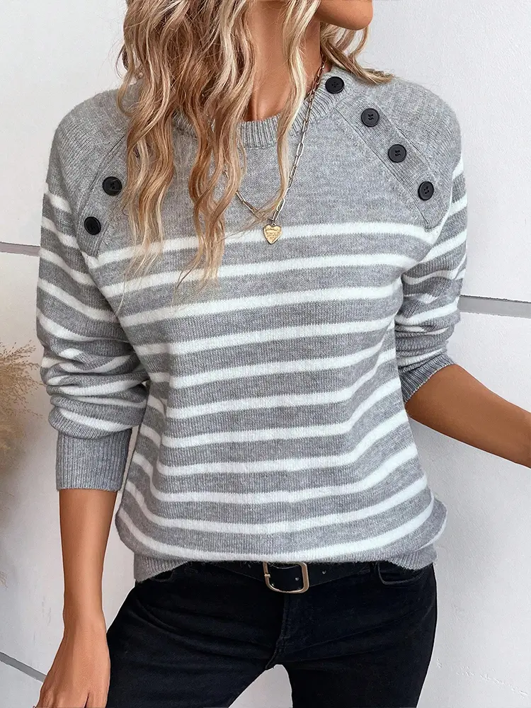 Leisure round Neck Solid Color Micro Elastic Knitted Sweater Autumn Winter Best Choice with Buttons 2024 New Arrival