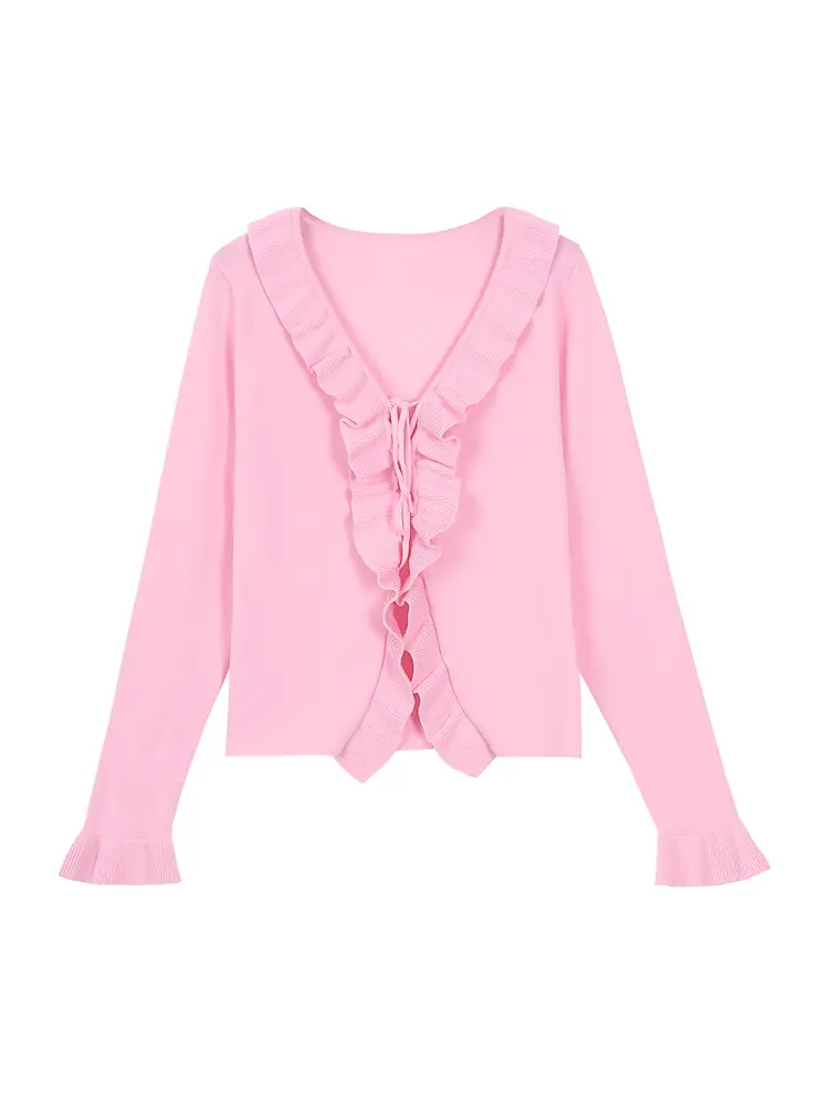 2025 Autumn and Winter new Ms. temperament Slim Elegant ruffle Knitted Top Simple Tied Long Sleeve Sweater Women