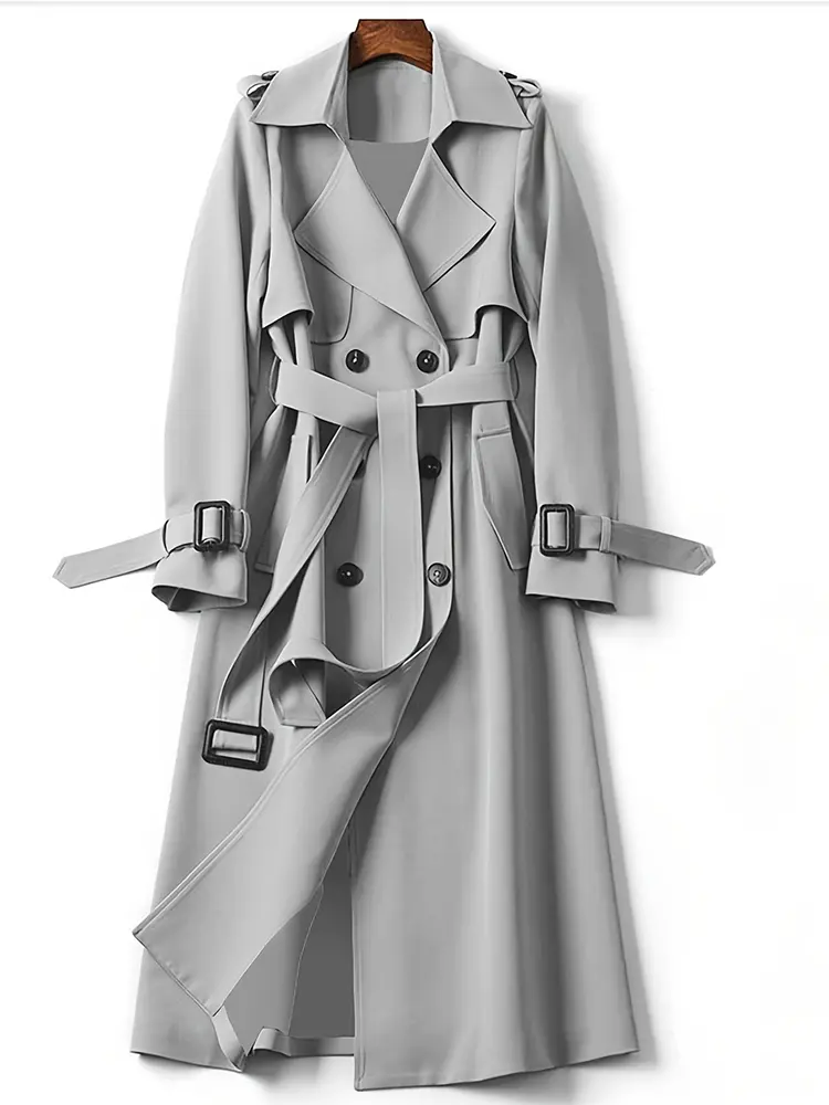 2024 Autumn And Winter New Solid Colour Double Row Of Buttons To Lengthen The Trench Coat Simple Style With Waist Lapel Coat