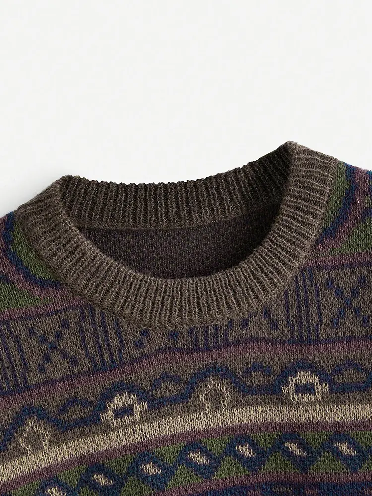2024 Autumn and Winter New Retro Round Neck Simple School Geometric Pattern Knitted Sweater Off Shoulder