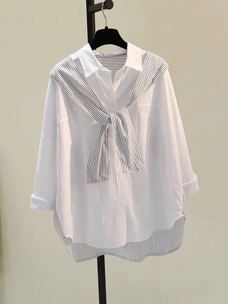 Women's Casual Versatile Solid Color Fake Two-Tie Top Shirt Simple Design for Graduation Season And Vacation