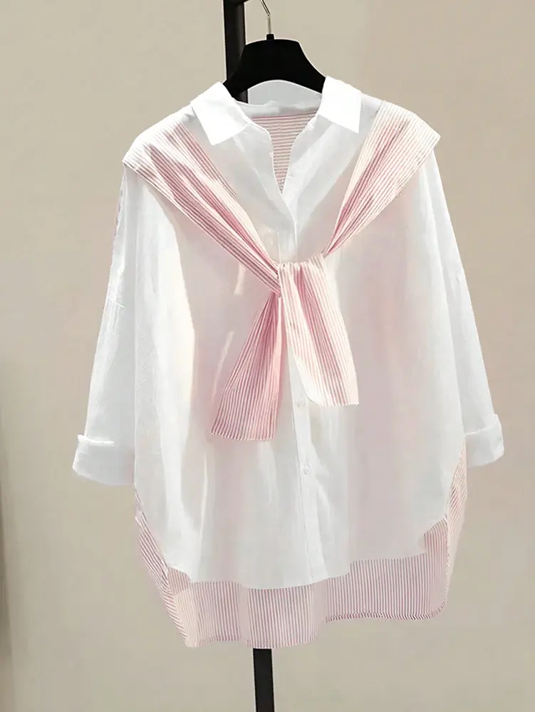 Women's Casual Versatile Solid Color Fake Two-Tie Top Shirt Simple Design for Graduation Season And Vacation
