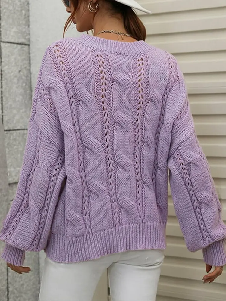 Women's round Neck Pullover Sweater Warm Knitted Winter Top with Puffy Sleeves Casual Comfortable Knitwear