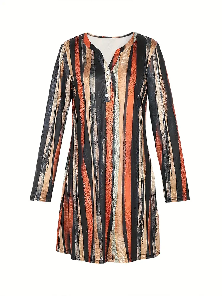 Women's 2025 Autumn New Striped Irregular Button V-Neck Long Sleeve Short Dress Casual Commuter Pullover Dresses