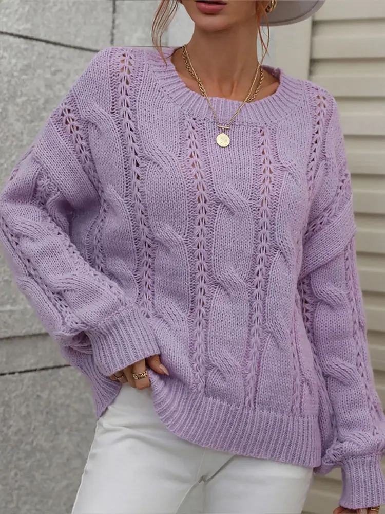 Women's round Neck Pullover Sweater Warm Knitted Winter Top with Puffy Sleeves Casual Comfortable Knitwear