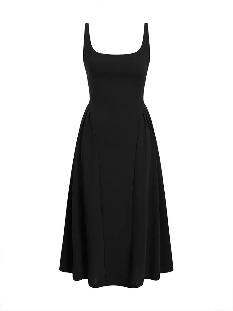 Women's Midi Dress Y2K Style Black Strapless Square Neck Long Sleeve Loose Casual Best for Spring and Summer