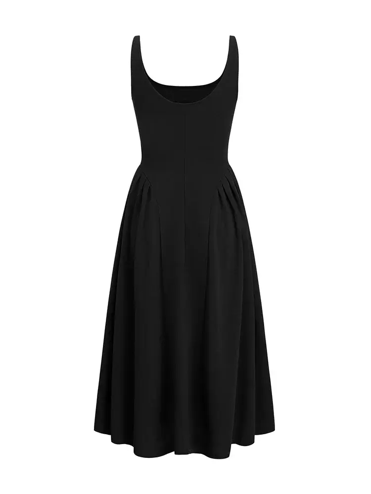 Women's Midi Dress Y2K Style Black Strapless Square Neck Long Sleeve Loose Casual Best for Spring and Summer