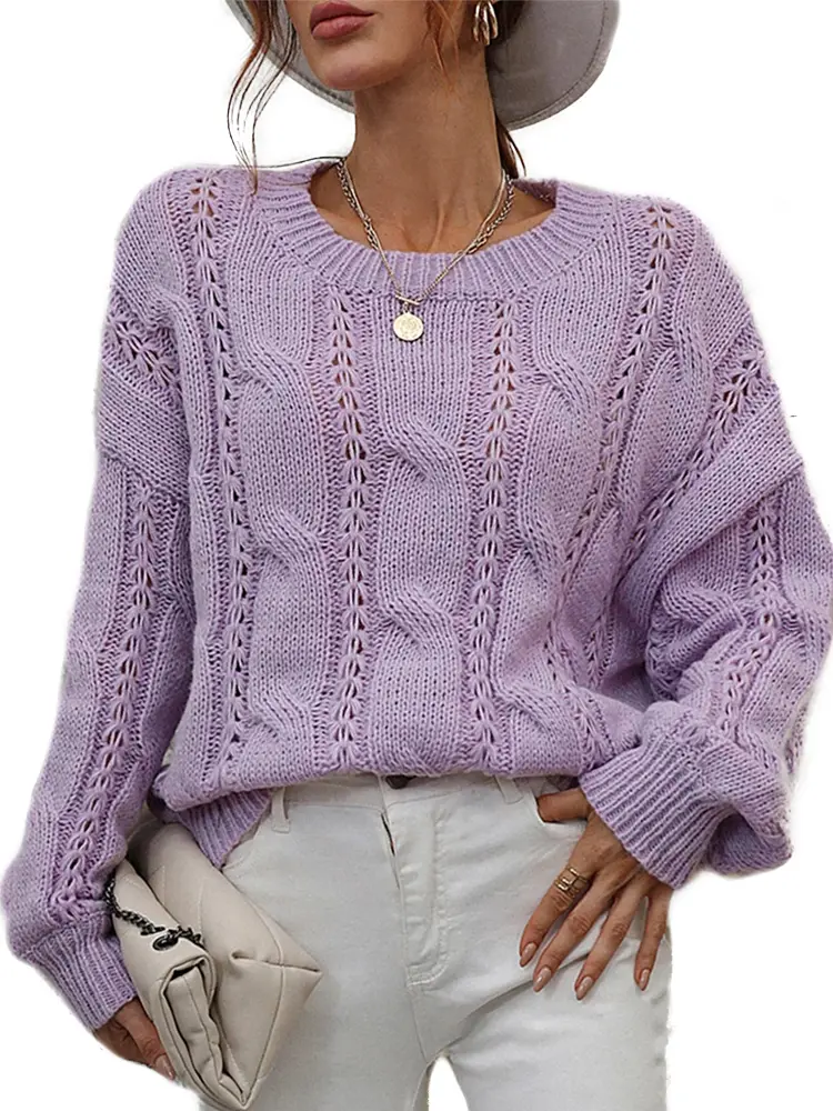 Women's round Neck Pullover Sweater Warm Knitted Winter Top with Puffy Sleeves Casual Comfortable Knitwear