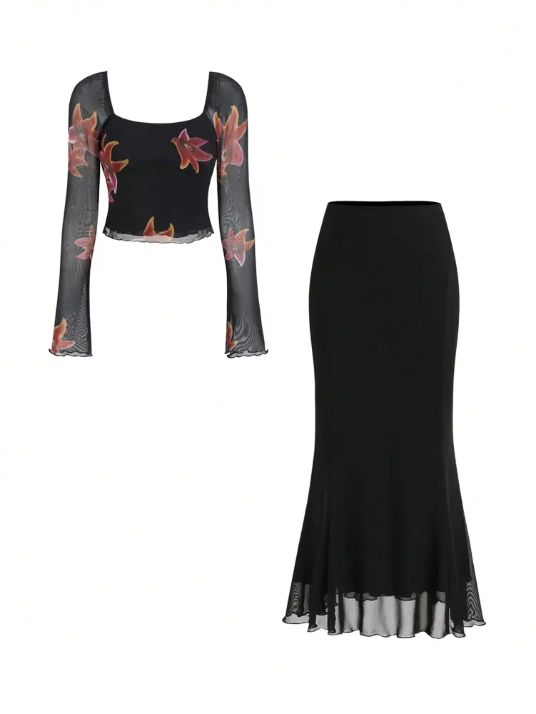 2025 Ladies Mesh Printed Square Neck Halter Top with Skirt Two-Piece Suit Women's Polyester Summer Fashion Best Choice