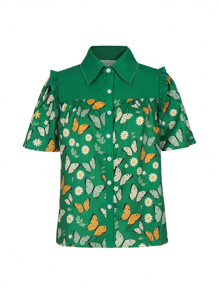 Dark Green Butterfly Print Casual Short Sleeve Shirt Blouse Top Casual Botanical Floral Polyester Ruffles