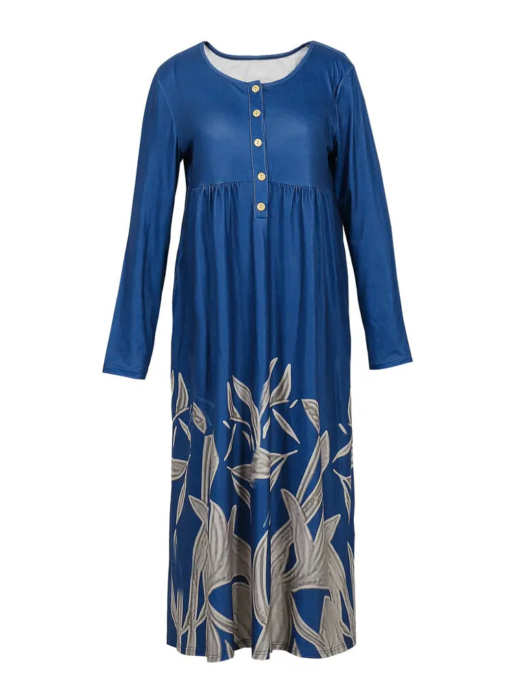2025 Summer New Women's V-Neck Button Printed Dress V-Neck Maxi Dress Polyester Elegant Commuter
